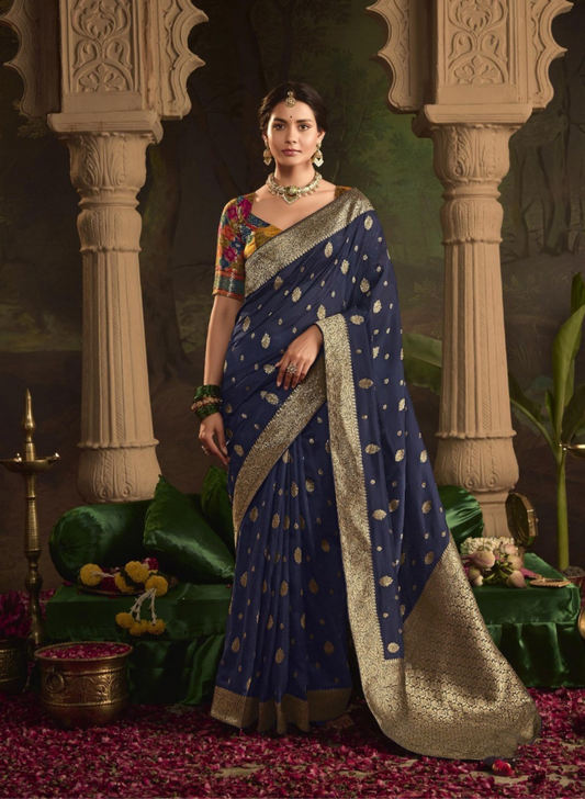 Breathtaking Navy Blue Crepe Dola Silk Saree