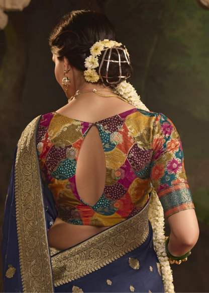 Breathtaking Navy Blue Crepe Dola Silk Saree