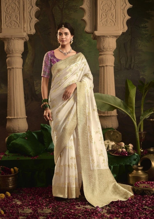 Gleaming Off White Crepe Dola Silk Saree