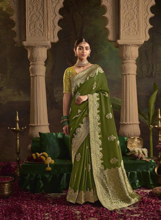 Opalescent Mehendi Green Crepe Dola Silk Saree