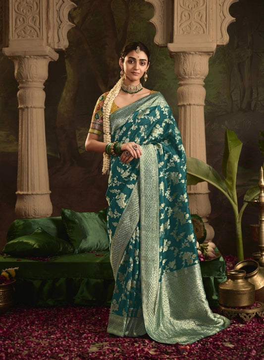 Immaculate Teal Crepe Dola Silk Saree