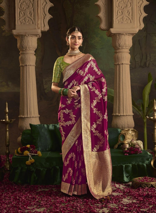 Vivid Burgundy Crepe Dola Silk Saree