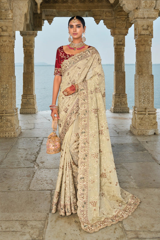 Comfy Beige And Maroon Pure Banarasi Jari Saree With Lukhnovi & Jarkhan Heavy Work Boutique Style Saree