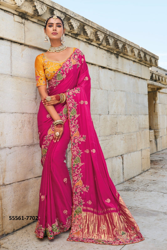 Magnificent Pink And Orange Pure Gaji Satin Saree With Jari, Thread, Cut-Dana, Moti & Jarkhan Heavy Work Boutique Style Saree