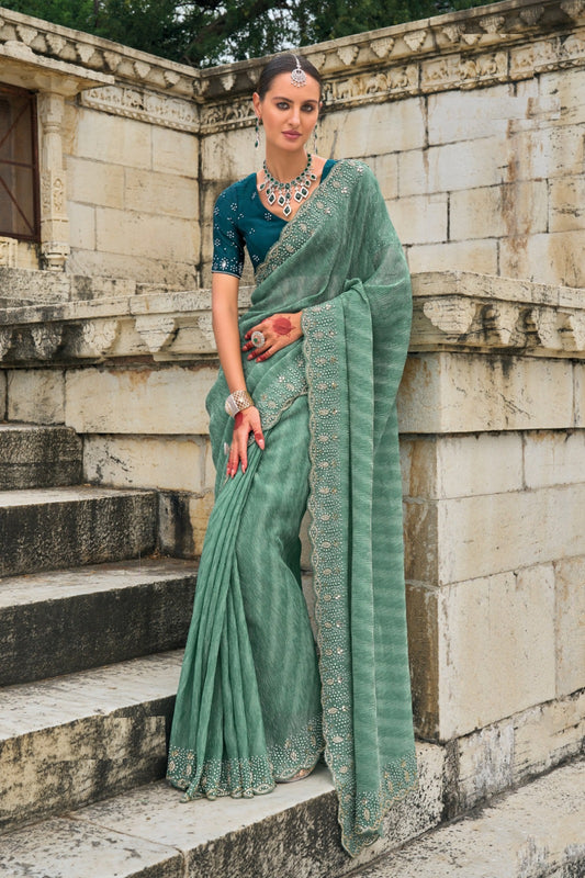 Chic Teal Pure Crush Tissue Saree With Jarkhaan, Cut-Dana & Moti Heavy Work Boutique Style Saree