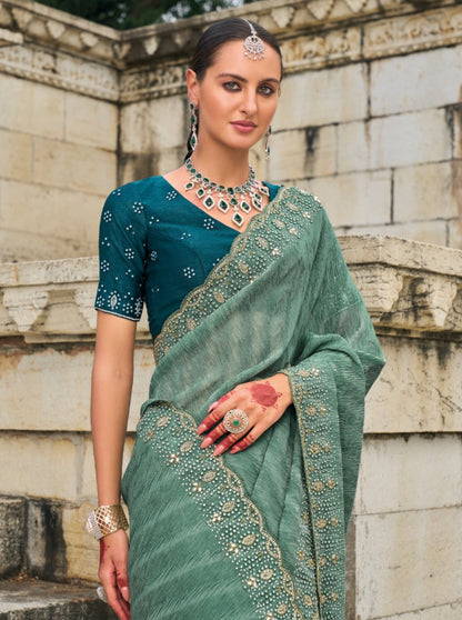 Chic Teal Pure Crush Tissue Saree With Jarkhaan, Cut-Dana & Moti Heavy Work Boutique Style Saree