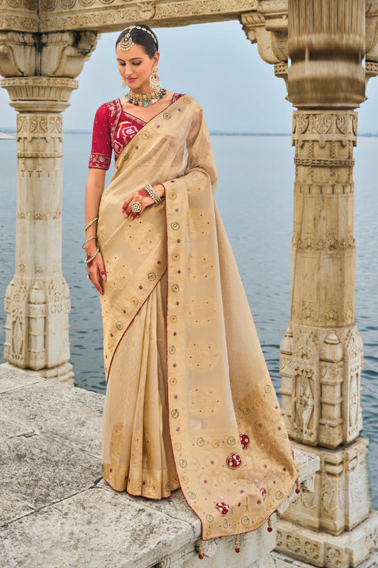 Elegant Peach And Maroon Pure Kanjivaram Pure Saree With Jardoshi, Cut-Dana & Moti Heavy Work Boutique Style Saree