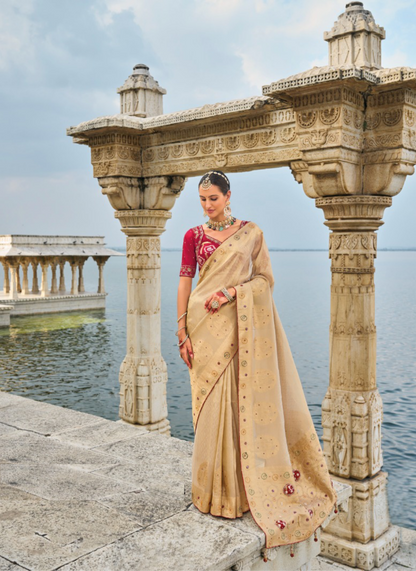 Elegant Peach And Maroon Pure Kanjivaram Pure Saree With Jardoshi, Cut-Dana & Moti Heavy Work Boutique Style Saree
