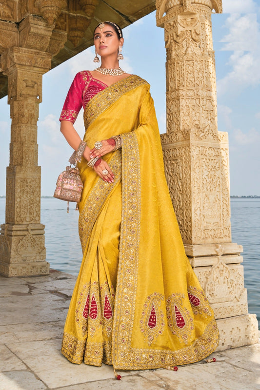 Timeless Mustard And Pink Pure Crape Jaquard Saree With Jari, Cut-Dana, Mirror & Jardoshi Heavy Work Boutique Style Saree
