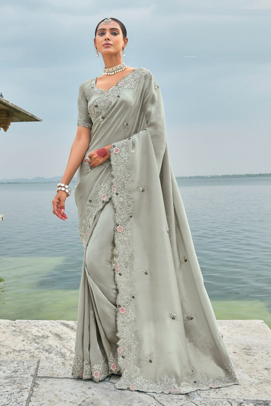 Refined Grey Pure Banarasi Jari Saree With Thread, Cut-Dana, Moti & Jarkhan Heavy Work Boutique Style Saree