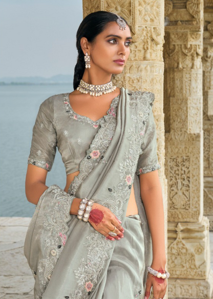 Refined Grey Pure Banarasi Jari Saree With Thread, Cut-Dana, Moti & Jarkhan Heavy Work Boutique Style Saree