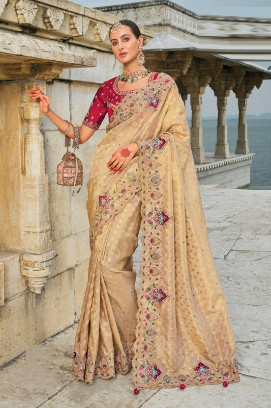 Tailored Golden And Maroon Kanjivaram Butti Saree With Jari, Thread, Moti, Mirror & Jarkhan Heavy Work Boutique Style Saree