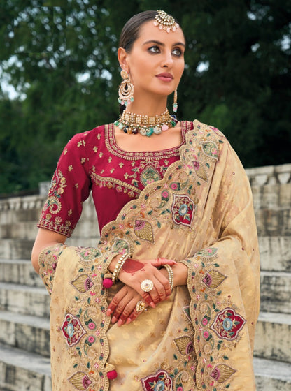 Tailored Golden And Maroon Kanjivaram Butti Saree With Jari, Thread, Moti, Mirror & Jarkhan Heavy Work Boutique Style Saree