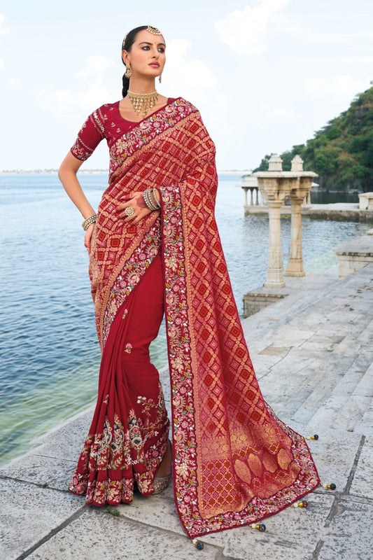 Polished Maroon Pure Bandhej Pallu & Dola Silk Skirt With Thread, Jari, Mirror & Moti Heavy Work Boutique Style Saree
