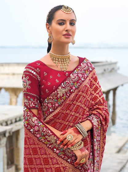 Polished Maroon Pure Bandhej Pallu & Dola Silk Skirt With Thread, Jari, Mirror & Moti Heavy Work Boutique Style Saree