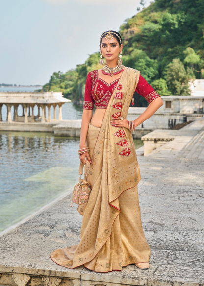 Opulent Beige And Maroon Chiku Pure Kanjivaram Pure Saree With Jardoshi, Cut-Dana & Moti Heavy Work Boutique Style Saree