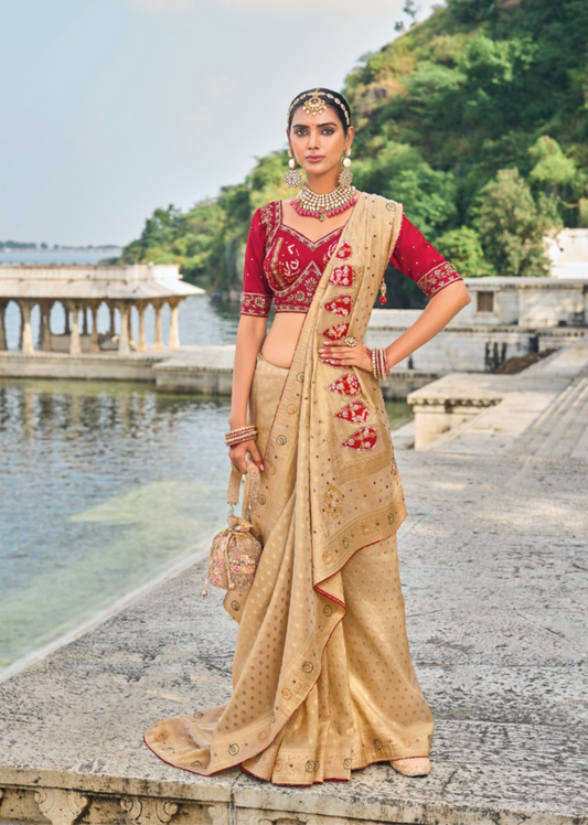 Opulent Beige And Maroon Chiku Pure Kanjivaram Pure Saree With Jardoshi, Cut-Dana & Moti Heavy Work Boutique Style Saree