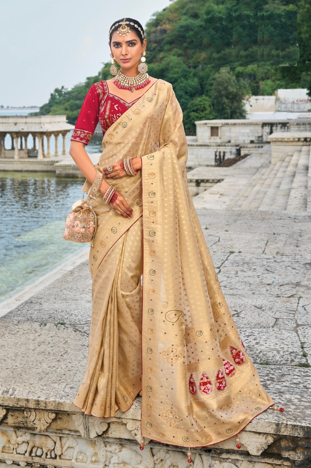 Opulent Beige And Maroon Chiku Pure Kanjivaram Pure Saree With Jardoshi, Cut-Dana & Moti Heavy Work Boutique Style Saree