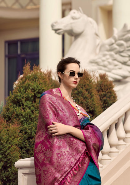Teal And Purple Soft Silk With Weaving Saree