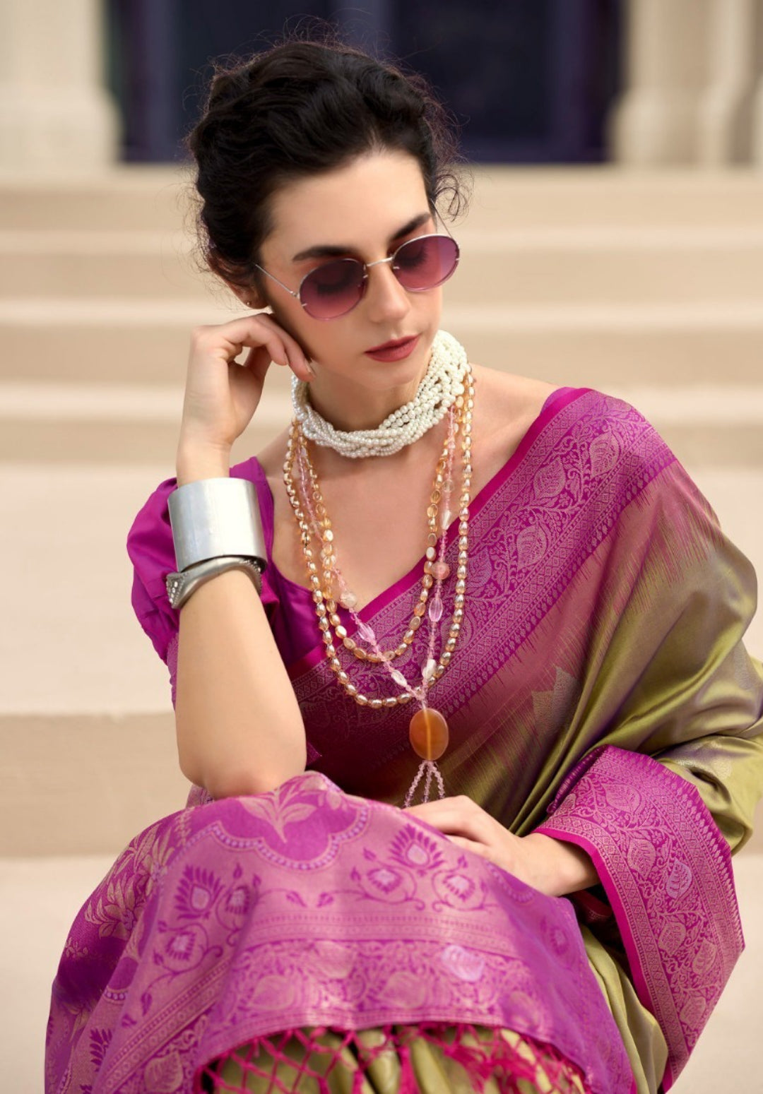 Women Green And Pink Soft Silk With Weaving Saree