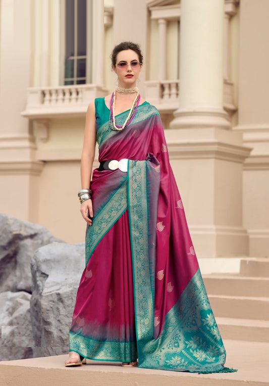 Women Burgundy And Teal Soft Silk With Weaving Saree