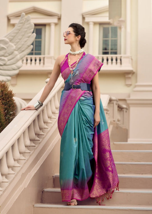 Women Teal And Purple Soft Silk With Weaving Saree