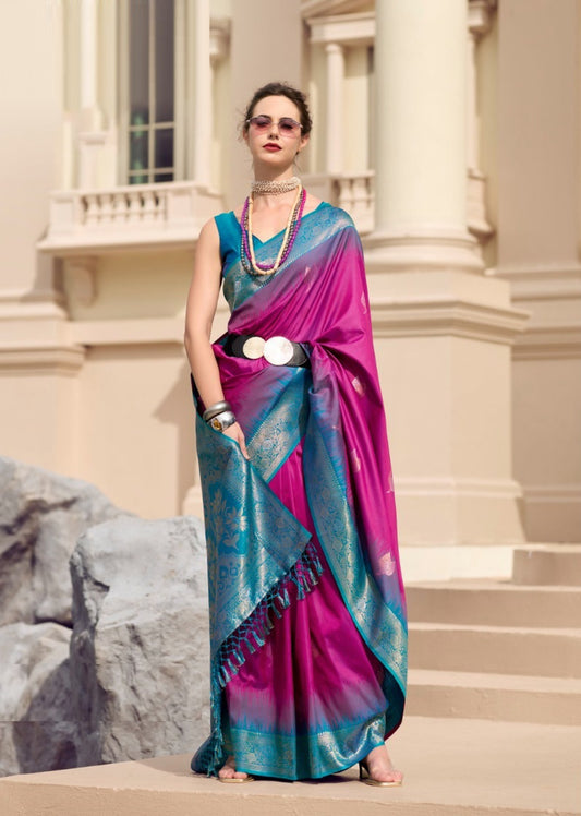 Women Purple And Blue Soft Silk With Weaving Saree