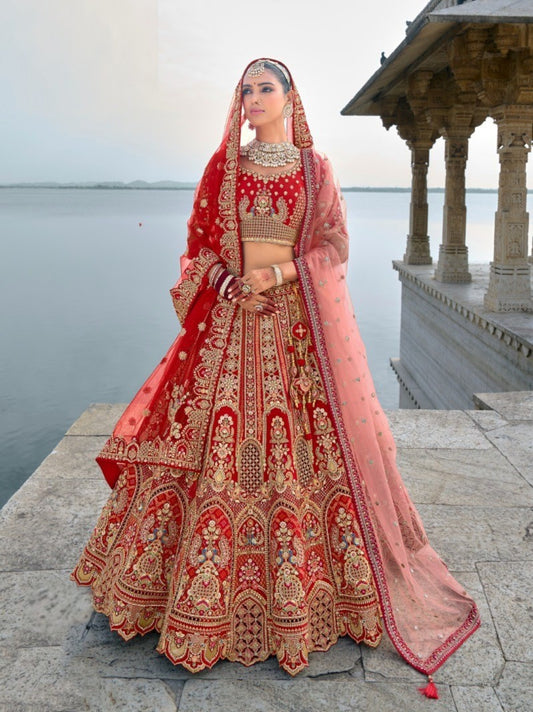 Women Silk Red A Line Lehenga Set