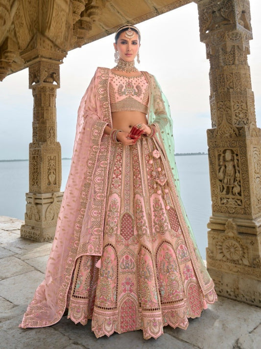 Powder Pink Embroidery Work Lehenga Choli Dupatta