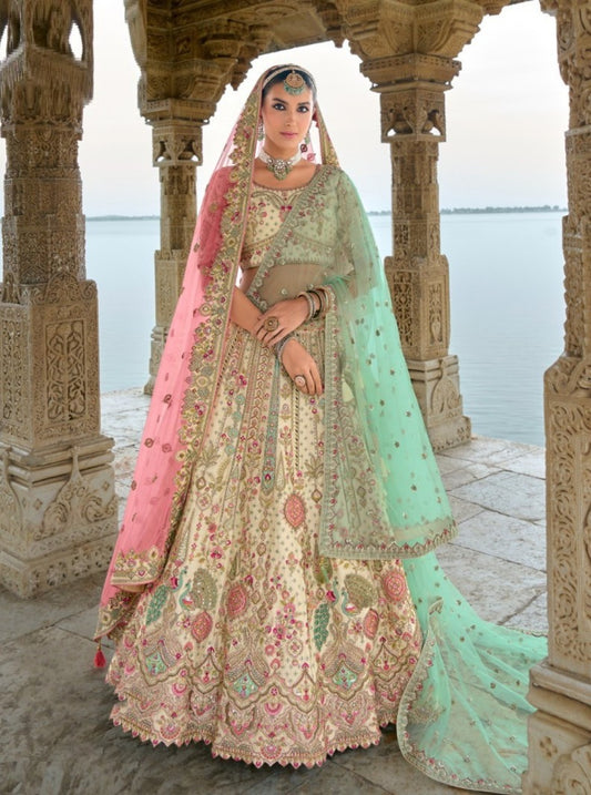 Women Off White Silk Lehenga Choli With Dupatta