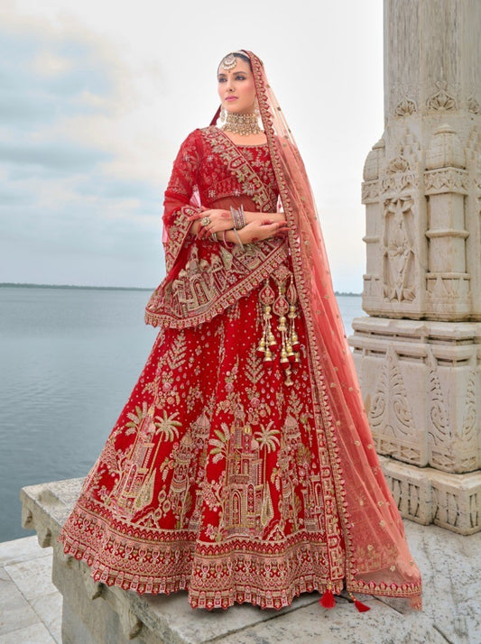Tomato Red Silk Embroidery Work Lehenga Set