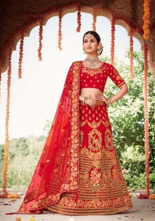 Fanc Red Silk With Embroidery Work Lehenga Choli Dupatta