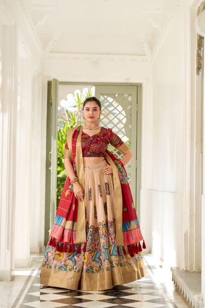Women Peach And Maroon Silk Kalamkari Print With Weaving Traditional Lehenga