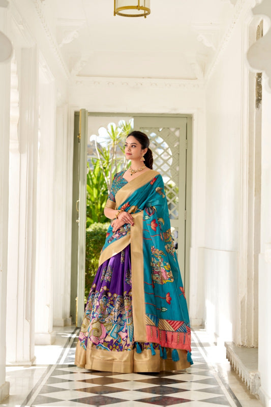 Women Purple And Blue Silk Kalamkari Print With Weaving Traditional Lehenga