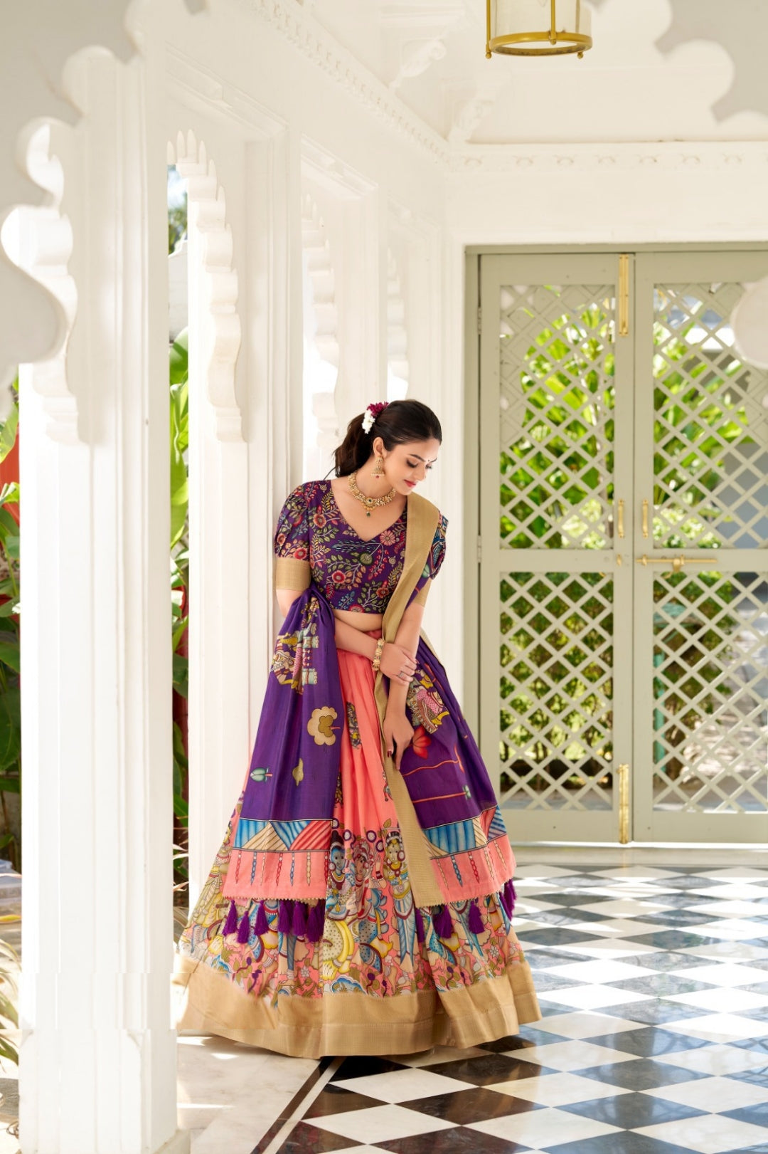Women Purple Silk Kalamkari Print With Weaving Traditional Lehenga