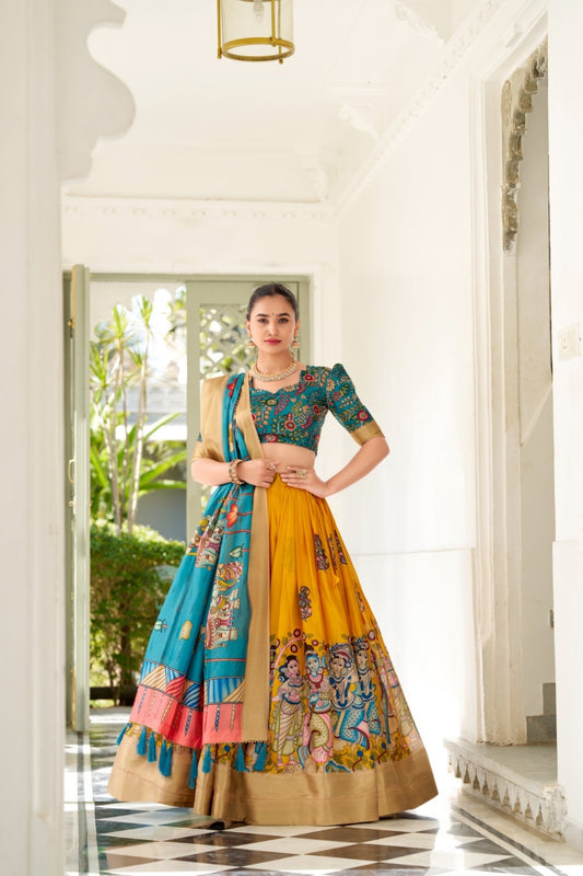 Women Mustard And Teal Silk Kalamkari Print With Weaving Traditional Lehenga
