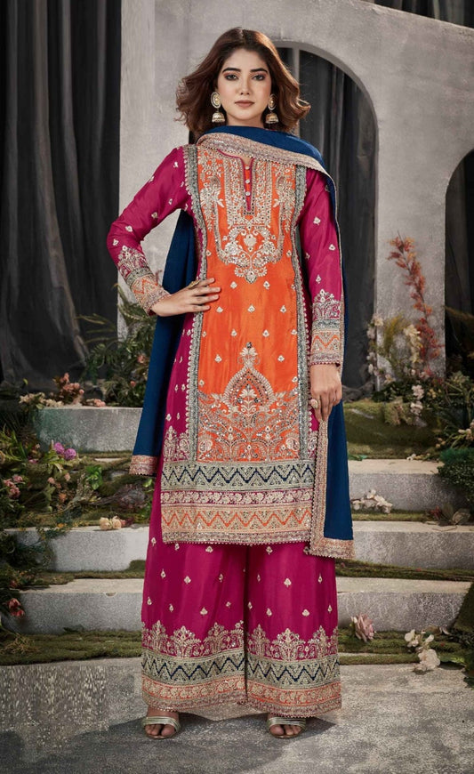 Couture Orange And Pink Chinon Embroidery Work Palazzo Suit Set