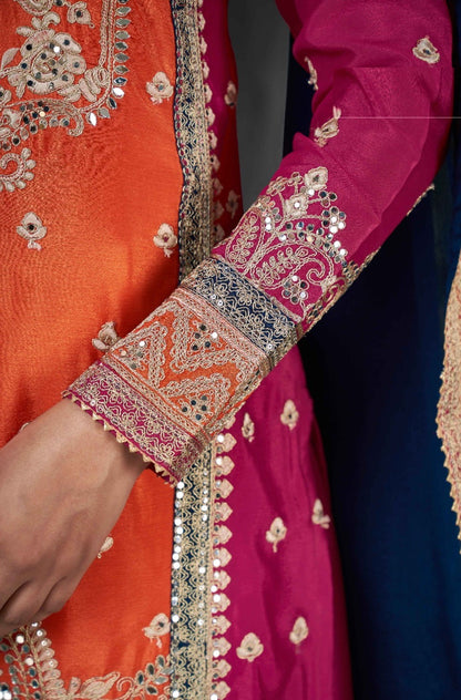 Couture Orange And Pink Chinon Embroidery Work Palazzo Suit Set