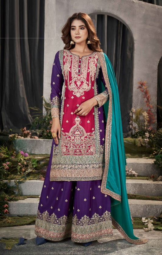 Lustrous Purple And Burgundy Chinon Embroidery Work Palazzo Suit Set