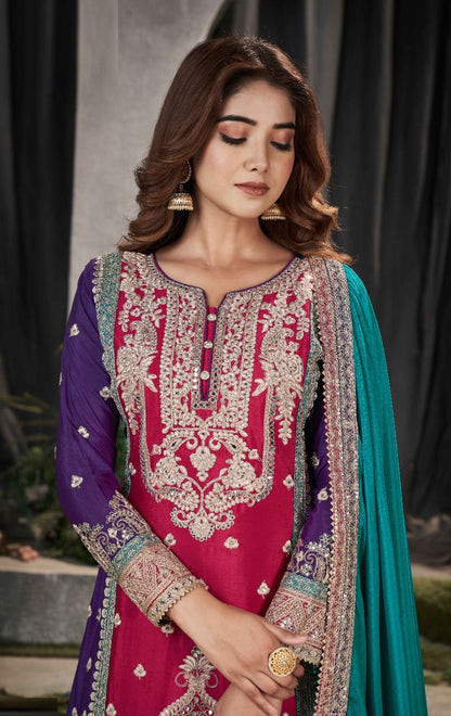Lustrous Purple And Burgundy Chinon Embroidery Work Palazzo Suit Set
