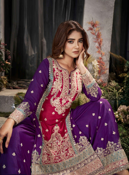 Lustrous Purple And Burgundy Chinon Embroidery Work Palazzo Suit Set