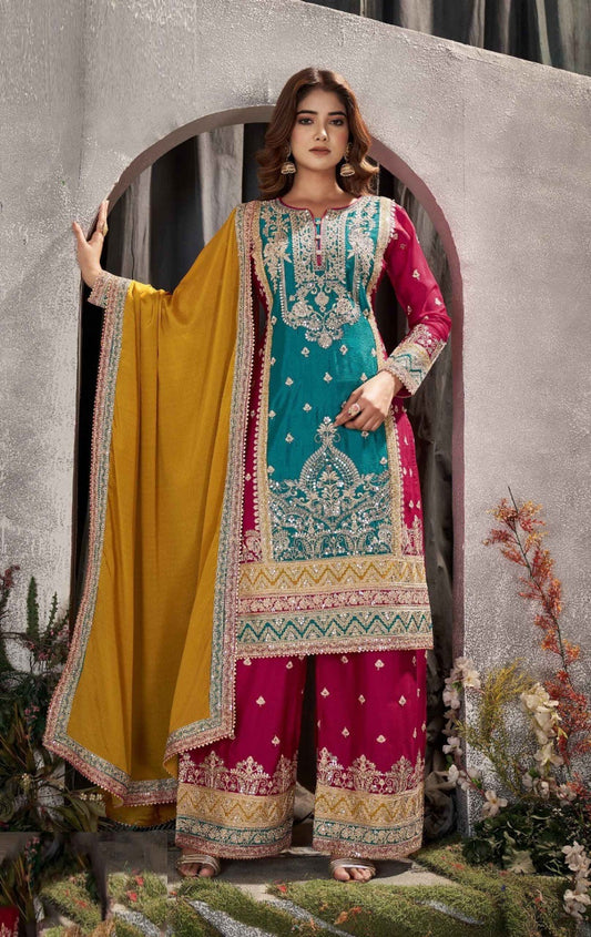 Beautiful Magenta And Teal Chinon Embroidery Work Palazzo Suit Set