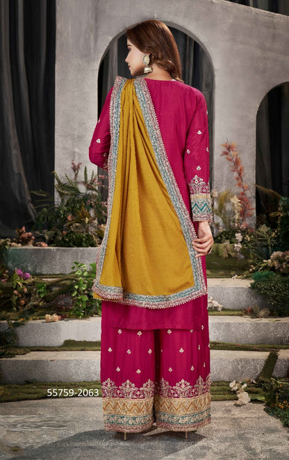 Beautiful Magenta And Teal Chinon Embroidery Work Palazzo Suit Set