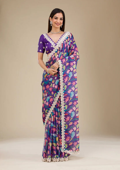 Colorful Purple Georgette Digital Prints Carnival Saree