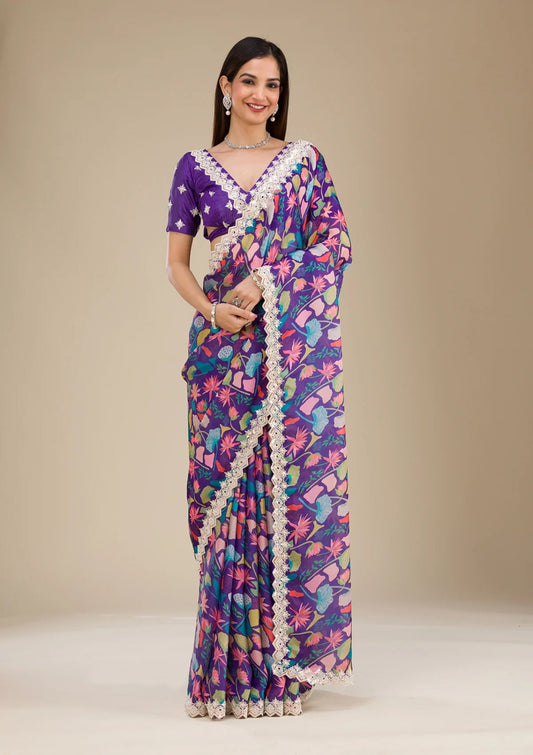 Colorful Purple Georgette Digital Prints Carnival Saree