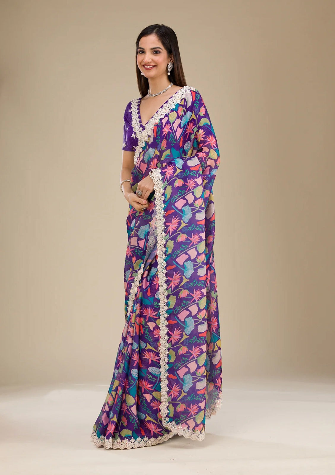 Colorful Purple Georgette Digital Prints Carnival Saree