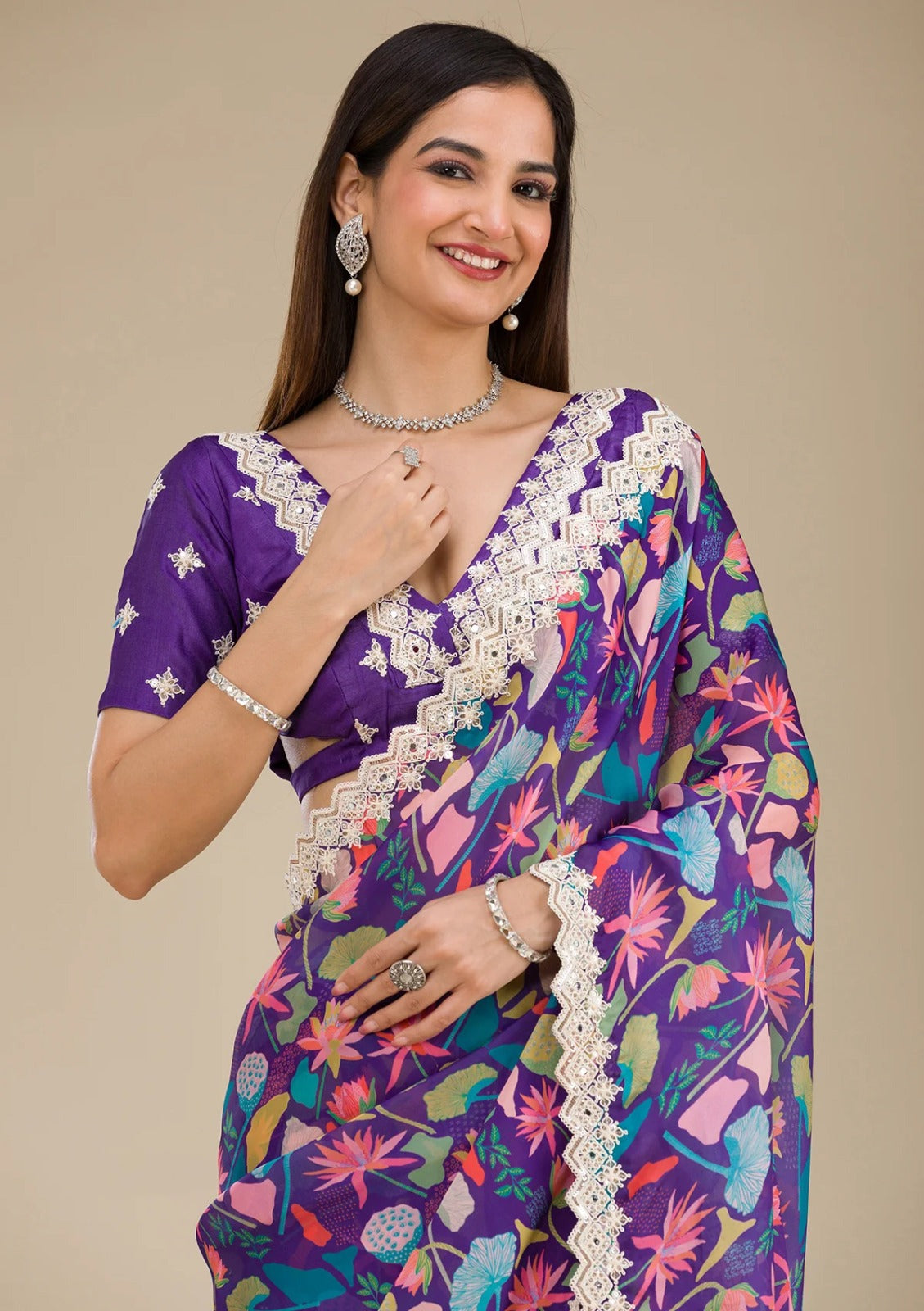 Colorful Purple Georgette Digital Prints Carnival Saree