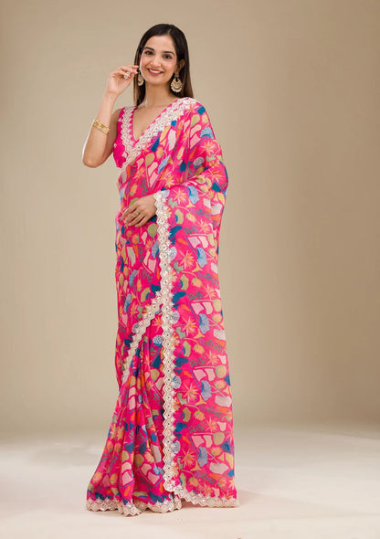 Pink Multi Color Georgette Digital Prints Printed Carnival Saree