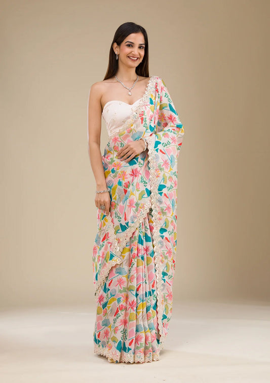 Printed White Multi Color Georgette Carnival Saree