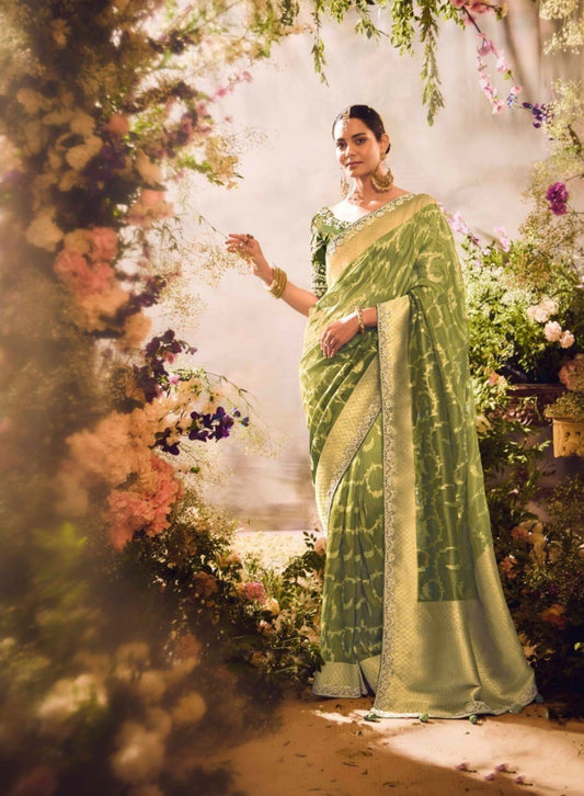 Embroidery Green Banarasi Saree